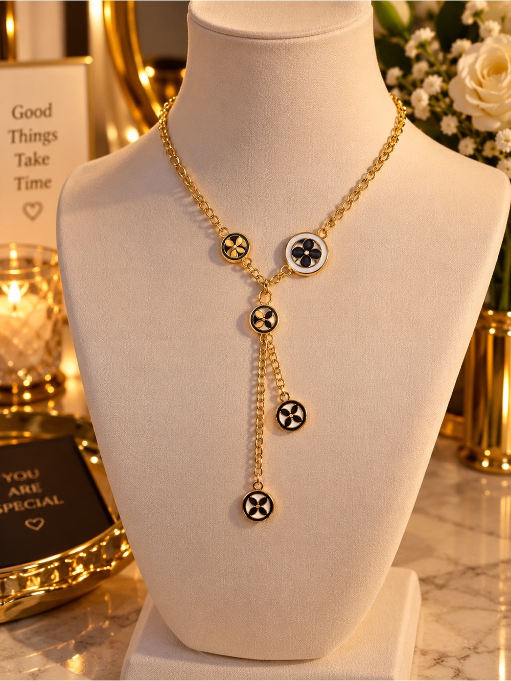 Gold-tone Black Enamel Lariat Necklace - Women Jewelry